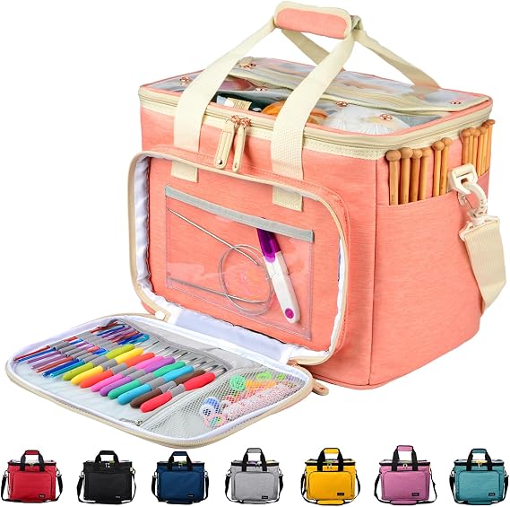 Hoshin Knitting Bag for Yarn Storage, High Capacity Yarn Totes Organizer with Inner Divider Portable for Carrying Project, Knitting Needles(up to 14), Crochet Hooks, Skeins of Yarn (Pink)