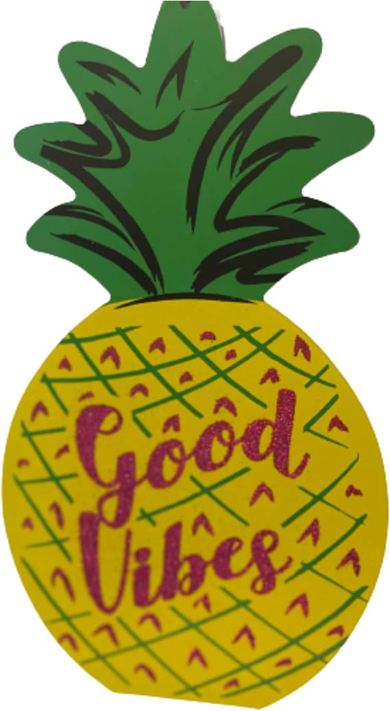 MIJ Luau Essentials Pineapple Shaped Glitter Good Vibes Sentiment Hanging Door, Wall, Window (Included with A Summer Surprise) Art Decoration Sign, 1pc.