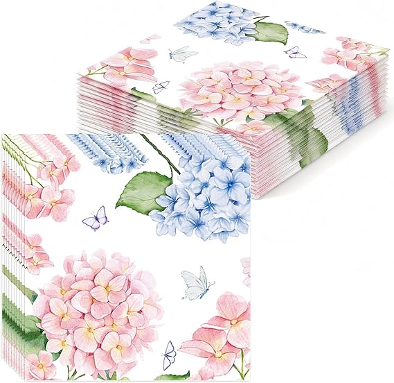 Hydrangea Floral Disposable Paper Napkins, 20 Pack Flower Design for Wedding Birthday Garden Party