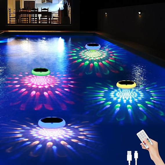 Solar Floating Pool Lights, 2600mAh USB Rechargeable Pool Lights That Float with Remote, 6.7 IP68 Waterproof Floating Light, 13 Colors Changing Upper and Lower Glow Hangable Solar Light for 5 PACK