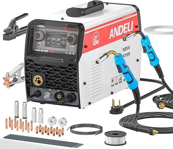 ANDELI Aluminum MIG Welder 200Amp,220V Double Pulse/Gasless MIG/Lift TIG/MMA 4 in 1 Multiprocess Welding Machine with LCD Screen,Stick Portable Welder MIG270PPRO