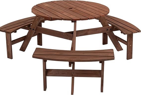 Thanaddo 6-Person Outdoor Circular Wooden Picnic Table, Camping Dining Table w/ 3 Built-in Benches, Outside Table Set with Umbrella Hole, 1720lb Capacity for Garden Patio Backyard - Brown