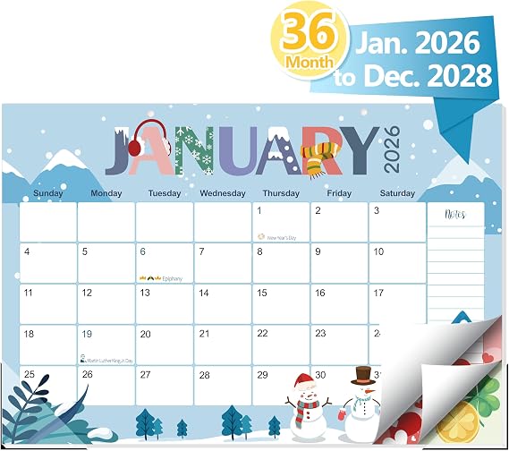 Guasslee Desk Calendar 2026-2028,36 Months Calendar Runs from 2026 Jan. to 2028 December, 17"x11.5" Monthly Desktop/Wall Planner with Thick Paper and Notes for Home School & Office