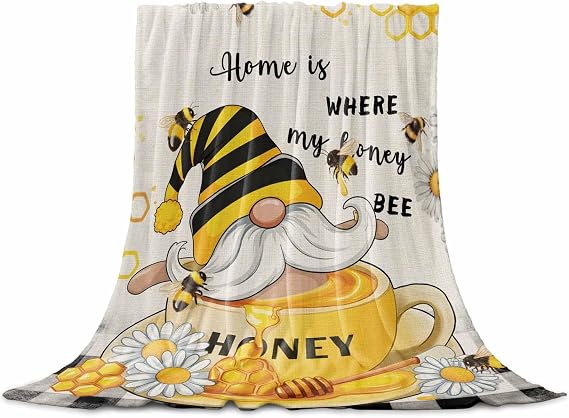 Flannel Fleece Blanket 40" x 50", Yellow Gnomes Microfiber Cozy Soft Throws for Women, Vintage Daisy Honey Plaid Flower Lightweight Throw Blankets for Couch, Sofa, Bed, Living Room, Bedroom