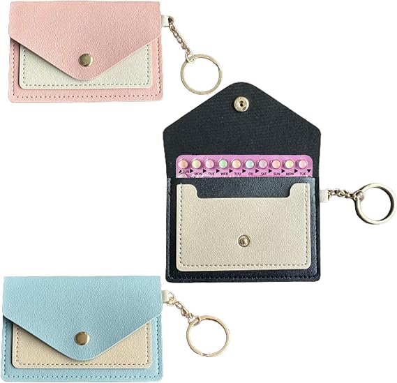 Pill Case, 3 Compartment Birth Control Pill Holder, Pink, Light Blue, Black