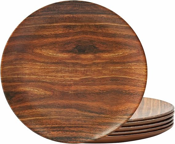 TP 8.5" Melamine Round Dinner Plates, 6-Piece Plate Sets, Rosewood Grain
