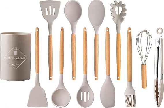 12 Piece Kitchen Utensils Silicone Kitchen Utensil Set, Silicone Utensil Set with Storage Bucket, Spatula, Ladle, Tongs, Whisk, Spatula, Spoon, Shaker, Egg Beater, Tongs, Tool Stand, Heat Resistant