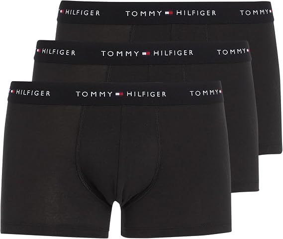 Tommy Hilfiger Men's Boxer Shorts Trunks with Logo Waistband Black (Black/Black) L Pack of 3