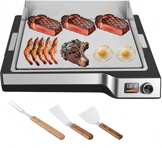 Electric Griddle, 14" Indoor Grill, Spatula & Fork Included