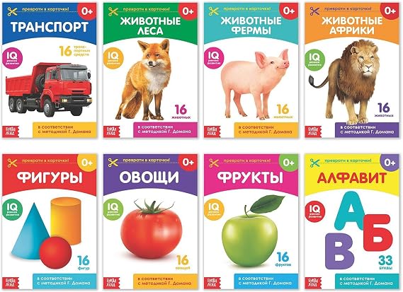 Doman Method Flashcard Russian Book Set for Learning Set - 8 Topics from Farm Animals to Alphabet - 12+