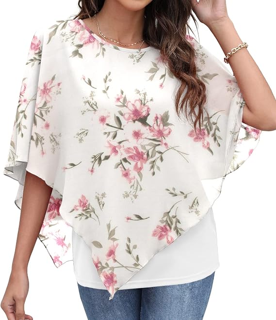 QIXING Women's Summer Casual Loose Chiffon Flowy Tops Elegant Blouses