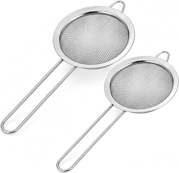 Tea Strainers Set Fine Mesh Sieve with Long Handle Kitchen Colander Filter No Sharp Edges Small Medium Large Sizes for Tea Coffee Powder (2 x Stainless Steel Strainers)