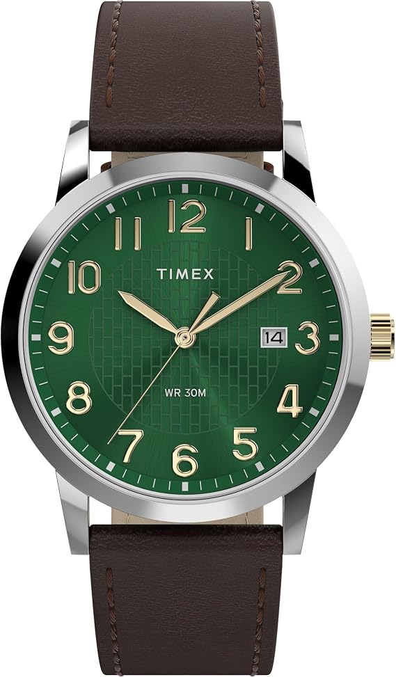Timex メンズ Main Street 38mm 腕時計 - ブラウンストラップ グリーンダイヤル シルバートーンケース