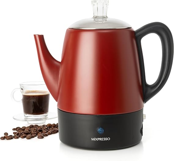 Mixpresso 4 Cup Red Small Electric Percolator Coffee Pot, Stainless Steel | Coffee percolator electric keep warm function, removable basket, classic perculator design, ideal for home, camping or office