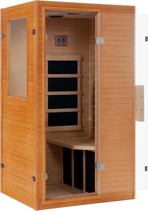 Real Relax Infrared Sauna 1 Person, Indoor Infrared Saunas for Home, Canadian Hemlock Wooden Dry Sauna, 950W 120V with Foot Warmer and 6 Heaters Panels, Compact Spa Room, 27.3"x33"x59"