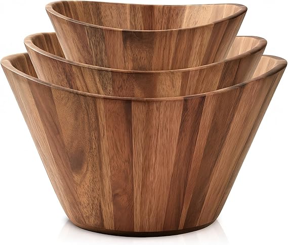Wooden Salad Bowl Set of 3, Wavy 12" 10" 8" Wood Serving & Mixing Bowls