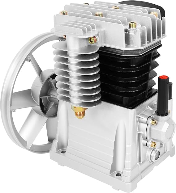 Air Compressor Pump Head 65 mm Double Cylinder 420L/Min 8Bar Compressor Unit Aluminium Piston Pump Head Compatible with 3HP Motor Includes Silencer and Accessories