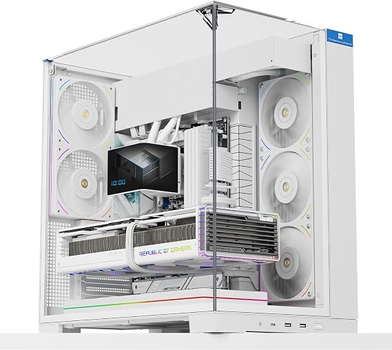 TR A70 White ATX Gaming Case with Three-sided Columnless Panoramic Glass Panel 8 CPU Fan Slots 4-Way Air Circulation Tool-Free Quick Release Vertical GPU with Drop Protection Function