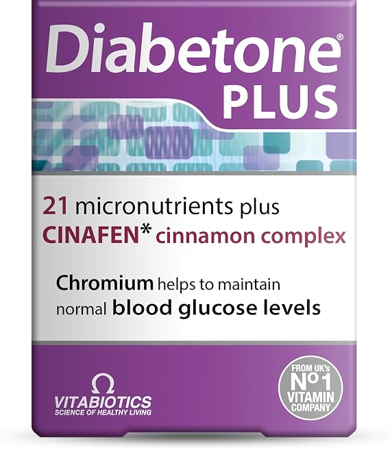 Diabetone Plus with CINAFEN complex: Cinnamon, Fenugreek and Chromium and 21 micronutrients for improved Blood Sugar Level and Diabetes Management, by Vitabiotics