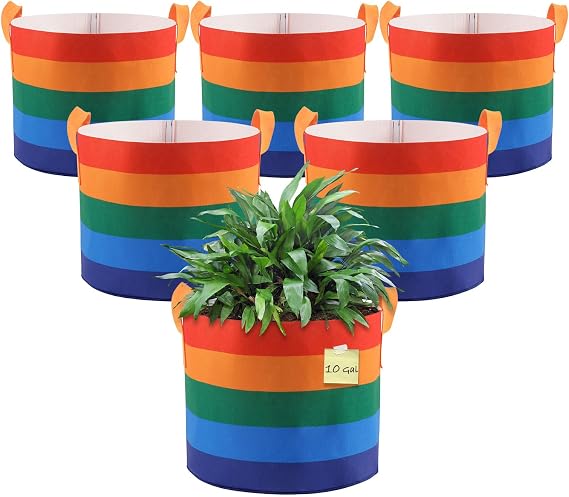 LITLANDSTAR 6 Pack 10 Gallon Grow Bags, Heavy Duty Thickened Colorful Nonwoven Plant Fabric Pots with Handles, Five-Color Tone Garden Plant Bags for Fruits Vegetables Flowers Herb