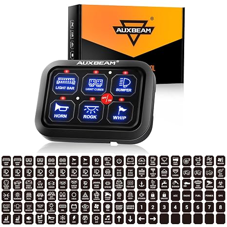 Auxbeam 6 Gang Switch Panel BC60, Universal Circuit Control Relay System Box+Auxbeam 120Pcs Vertical Switch Panel Stickers Labels