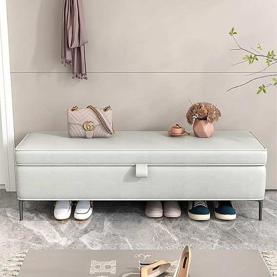 Sitzbank mit Stauraum, Sitzbank mit Stauraum aus Kunstleder, Premium Bettbank mit Stauraum, Moderne Polsterbank, Schuhbank, Schlafzimmerbank, Grau, 90 x 40 x 45 cm