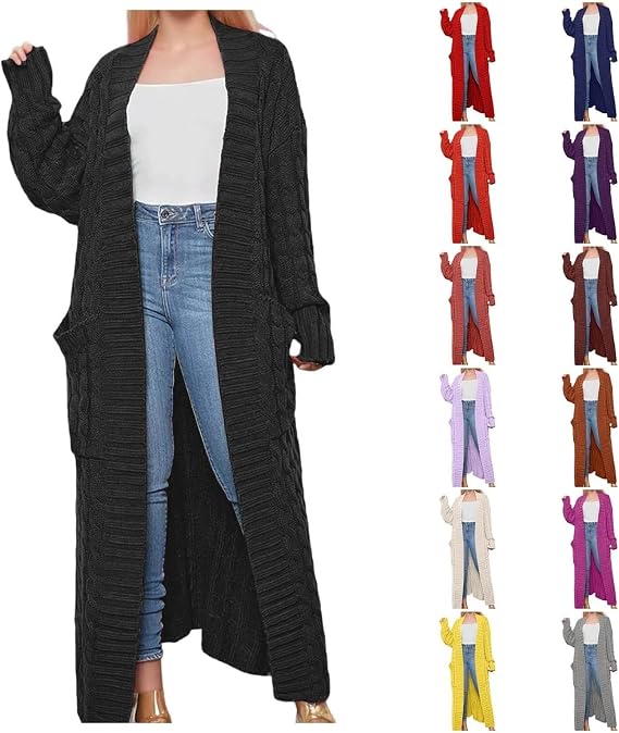 Long Black Cardigan for Women with Pockets Long Sleeve Loose Knit Cable Open Front Casual Cardigan Sweater Outerwear