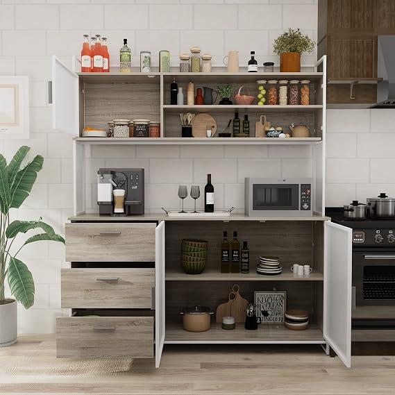 AGOTENI Large Kitchen Hutch Cabinet, Storage Cupboard Pantry with 3 Metal Doors, 3 Drawers & Microwave Shelf, for Kitchen Open Storage, Oak (59" W x 15.7" D x 68.5" H)
