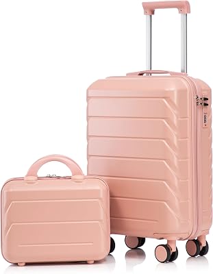 2-Piece Travel System: 20 & 14 ABS Spinner Luggage Set with Lock, Waterproof Hard Shell & 360 Wheels for Weekend Trips Pink