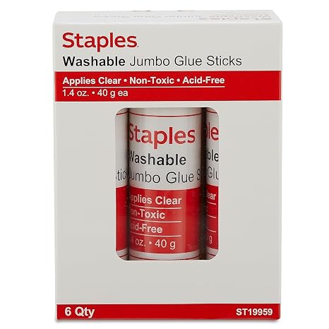 Staples Jumbo Washable Glue Sticks, 1.4 Oz, Clear, 6-Pack