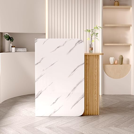 Modern Reception Desk,Front Desk Reception Counter Table,L-Shape Small Reception Desk with Counter,Wood Retail Counter Checkout,Front Office Desk,for Beauty Salon,Reception Room(White marble with wood