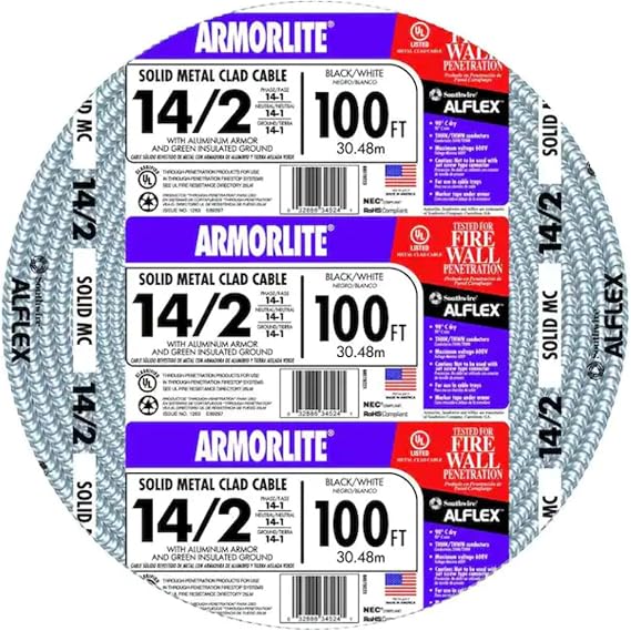 Southwire 14/2 MC Cable, 100 ft, Solid Copper THHN/THWN Conductors, Armorlite Aluminum MetalClad Cable with Ground