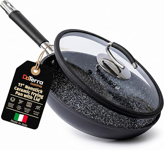 DaTerra Cucina - Nonstick Ceramic Frying Pan with Lid, Made in Italy, 11'' | Italian Crafted Cookware, PFOA and PFAS-Free, Induction Compatible, 450F Oven Safe, Cool Touch Handle, Easy Cleanup