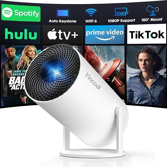 [Built-in Apps] Mini Projector with WiFi and Bluetooth, Native 1080P Portable Movie Projector for Bedroom, Android 12, Auto Vertical Keystone, 180 Rotation, Compatible with HDMI/USB/TV Stick/Laptop