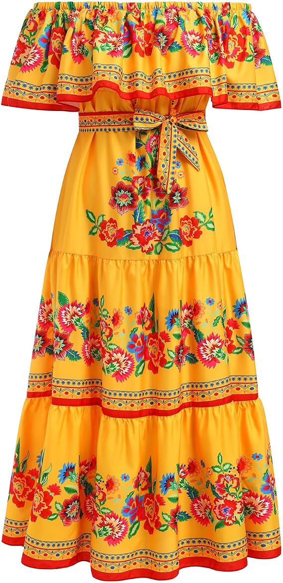 Women Traditional Mexican Dress Off Shoulder Floral Fiesta Folklorico Dresses Tropical Bohemian Smocked Maxi Long Sundress Mexico Cinco de Mayo Festival Costume  XL