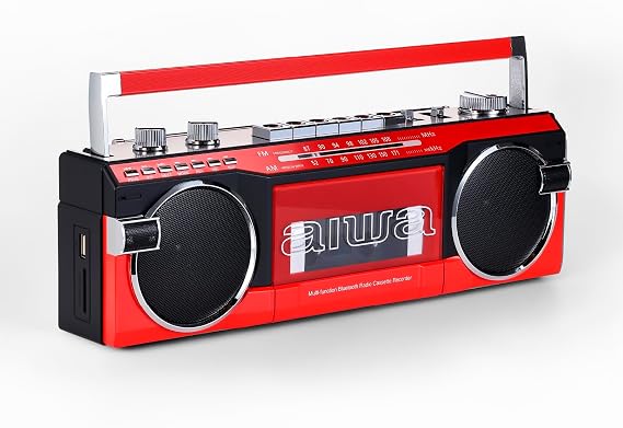 aiwa Streetjam Retro Boombox Cassette Player & Recorder, Bluetooth 5.3 Wireless Speaker, FM/AM Radio, USB/SD MP3, AUX, Portable Handle (Red/Black)