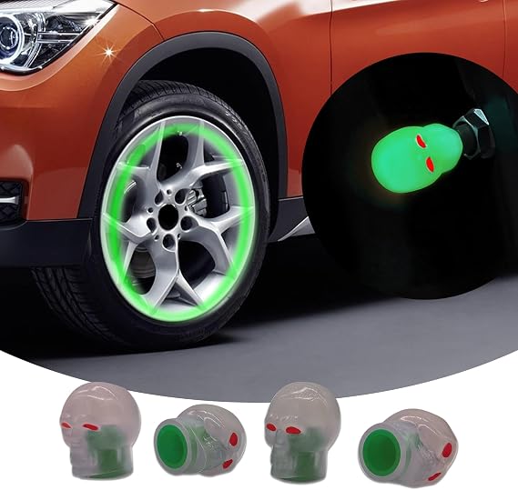 4 Pcs Car Tire Valve Stem Caps, Noctilucent Skull Automobile Tire Valve Stem Caps, Fluorescent Skull Tire Valve Stem Caps, Glow in The Dark Tire Valve Caps for Most Cars, Motorcycles, Trucks (Green)