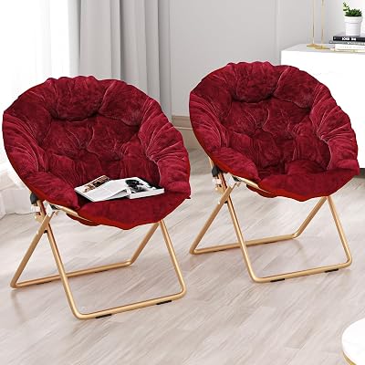 Foldable Oversized Moon Chairs Set of 2, Large Soft Lazy Cozy Comfortable Faux Fur Round Saucer Moon Chairs Set of 2 for Teens and Adults, Burgundy