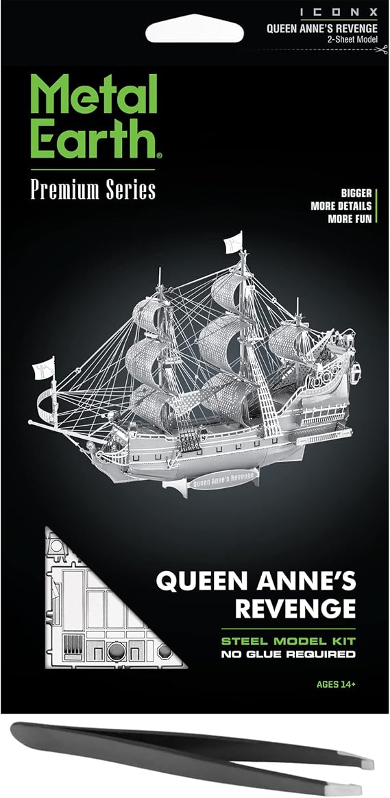 Metal Earth Fascinations Premium Series Queen Anne's Revenge 3D Metal Model Kit Bundle with Tweezers