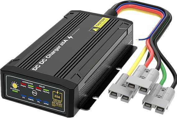 12V 25A DC to DC Charger with MPPT, IP68 Waterproof Smart On-Board Battery Charger with Anderson Plug Solar and Alternator Dual Input Fits for LiFePO4, AGM, STD,Gel, Cal