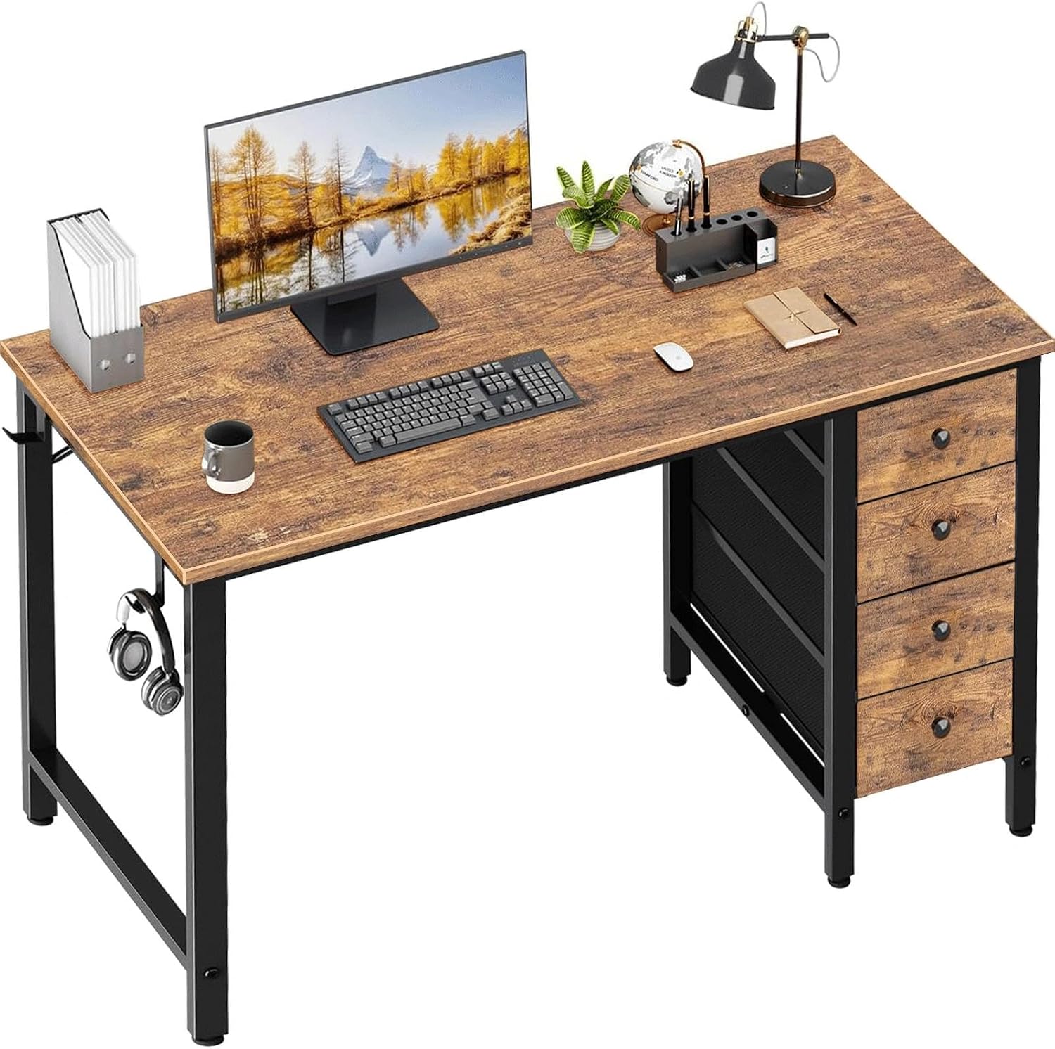 Lufeiya 100cm Computer Desk with 4 Drawers,Kids Student Small Desks for Home Office Small Space,Work PC Desk Table for Bedroom, Rustic Brown