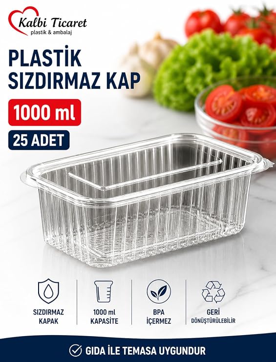 Plastik Saklama Kabı 1000 gr 25 Adet Plastik Kapaklı Kase Sızdırmaz Kap Şeffaf Kullan At Kase