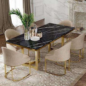 POVISON Marble Dining Table for 4, Modern Dining Room Table 55" for Kitchen & Dining Room, Black Marble Table Top with Luxury Gold Trestle PedestalDining Table Only