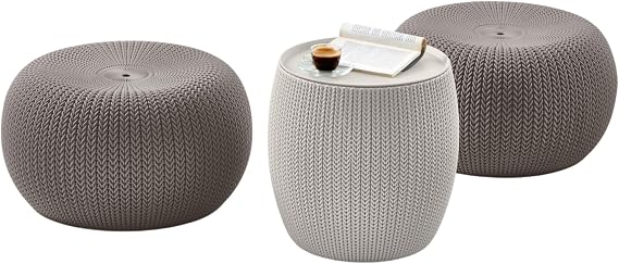 KETER Urban Knit Pouf Ottoman Set of 2 with Storage Table for Patio and Room Decor-Perfect for Balcony, Deck, and Outdoor Seating, Cream & Taupe