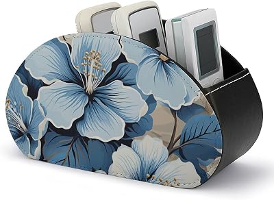 Remote Control Holder, Leather TV Blue Hibiscus Flower Remote Caddy Organizer, Desktop Organizer with 5 Compartments, Bedside Table Organizer for Home, Office, Living Room, Nightstand