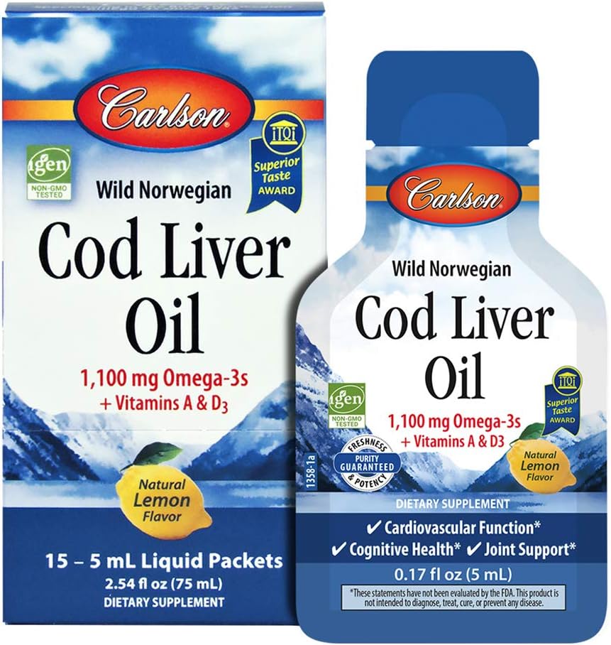 Carlson - Cod Liver Oil Grab  Go Packets, Travel Packs, Rip & Sip, Single-Serving, 1100 mg Omega-3s, Plus Vitamins A and D3, Norwegian, Wild Caught, Sustainably Sourced, Box of 15 Packets, 5 mL Each