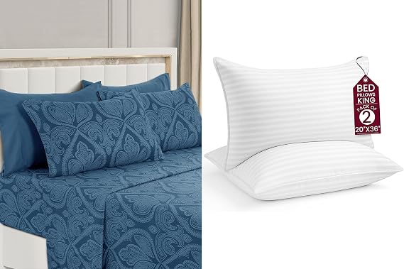 LUX Decor Paisley King Sheet Set + 2 King Pillows 6 Piece Ultra-Soft Microfiber Bed Sheets with Flat Sheet, 16 Inches Deep Pocket Fitted Sheet & 4 Pillowcases, Breathable, Oeko-TEX Navy Blue