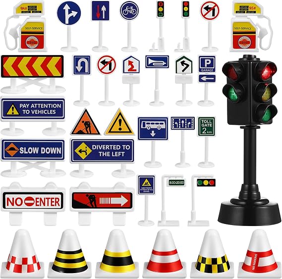 Toddmomy Traffic Sign Toys Set with Mini Road Signs and Traffic Light Models for Kids Learning Safety and Imaginative Play
