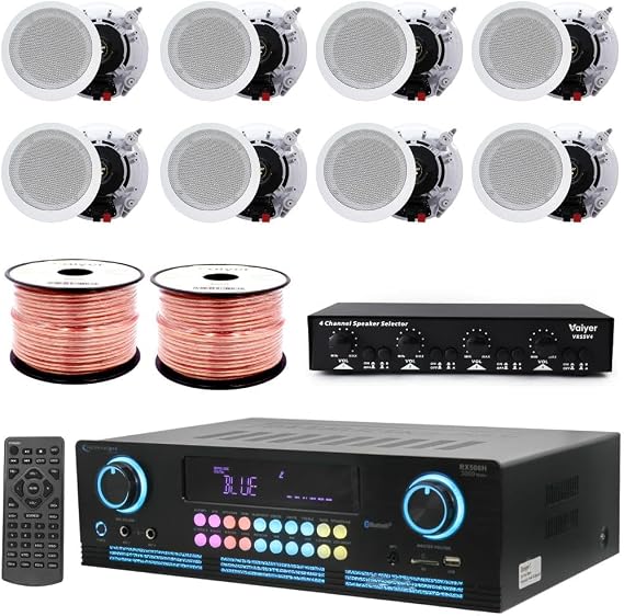 Home Theater System Kit - 2000 W Bluetooth Amplifier w/ 8 Qty of 6.5" Framed Ceiling Speakers 200 W Each, 4-Ch Speaker Selector w/Volume Control, 500 ft Speaker Wire & Remote for Home, Office- Vaiyer