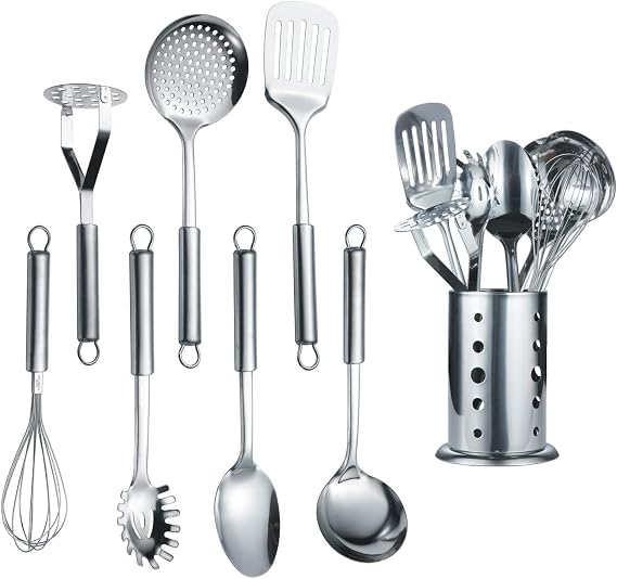 Berglander Cooking Utensil Set 8 Piece, Stainless Steel Kitchen Tool Set with Stand,Cooking Utensils, Slotted Tuner, Ladle, Skimmer, Serving Spoon, Pasta Server,Potato Maseher, Egg Whisk. (8 Pieces)